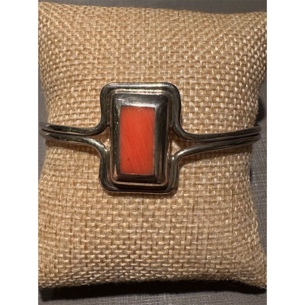 Mexican Estate Orange Coral Inlay Sterling Silver Cuff Bracelet Vintage